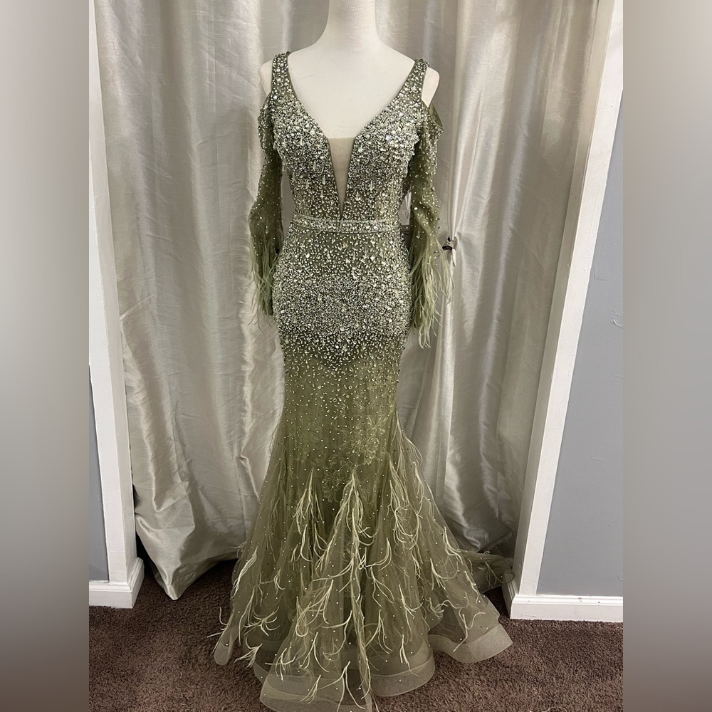 Elegant Sage Evening Gown With Feathers